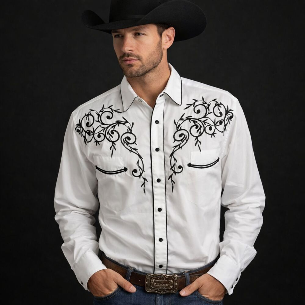 Western Express Embroidered Pearl Snap Shirt Mens Sz L White Black Scroll Stitch